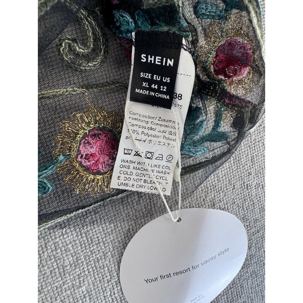 SHEIN VCAY Embroidered Floral Mesh Crop Top Women’s XL Black Sheer NWT - Picture 6 of 14